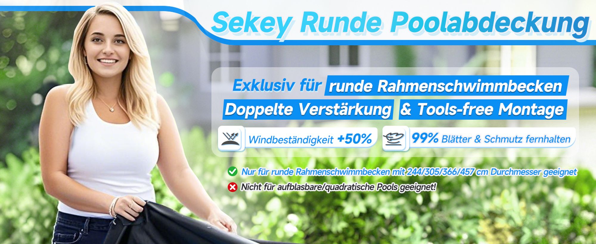 Sekey Poolabdeckung Rund Hochdichtes Abdeckplane für Stahlrahmenbecken, 366 cm, Schwarz
