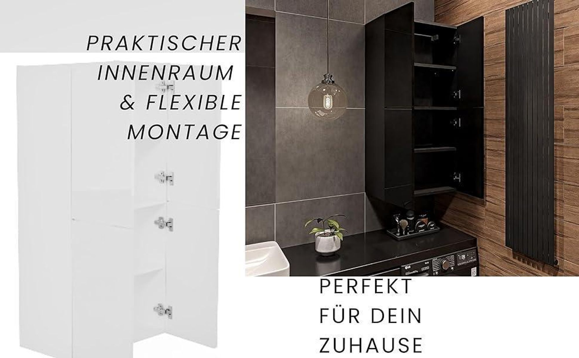 Badschrank Schwarz B: 60 cm H: 120 cm T: 34 cm Badezimmerschrank Hängend Front Hochglanz Korpus Matt Hängeschrank Badezimmer Toilettenregal