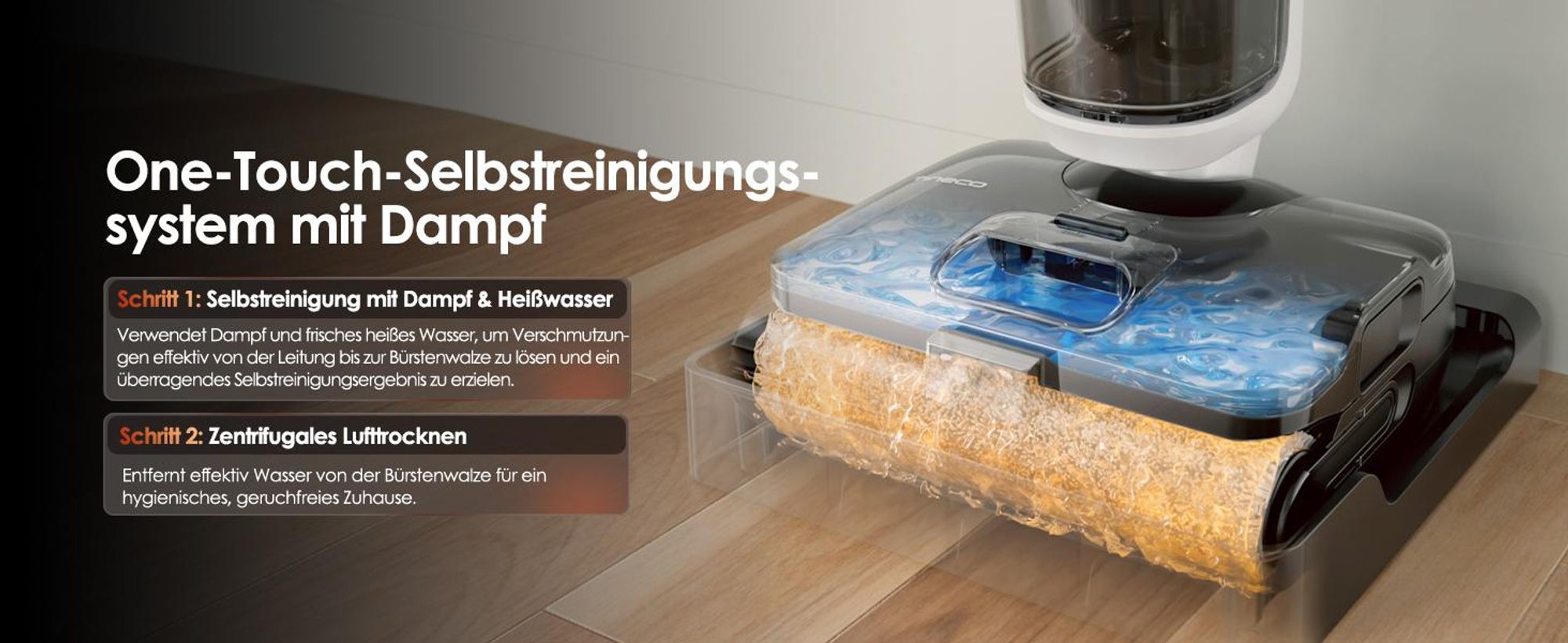 Tineco FLOOR ONE S6 Stretch Steam Nass Trockensauger mit Kabel, 160℃ Dampfreiniger, BoostSteam, 180°Lay-Flat, Anti-Tangle, FlashDry Selbstreinigung