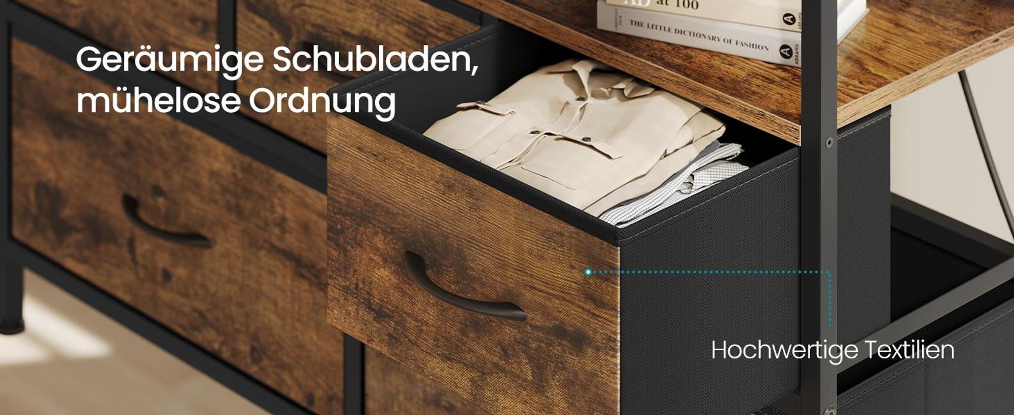 SONGMICS Kommode mit LED-Beleuchtung, Sideboard, Schubladenschrank für Wohnzimmer, mit Ladestation, 5 Schubladen, braun-schwarz