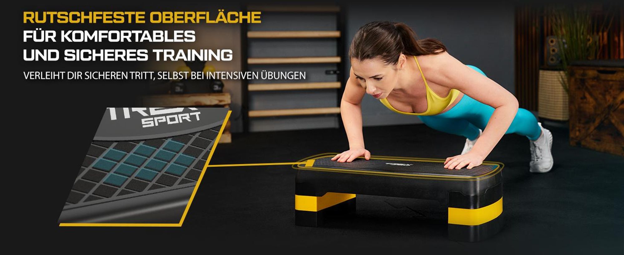 TREX SPORT Steppbrett höhenverstellbar TX-030AS | Aerobic Stepper 3 Stufen, rutschfest, Fitness Stepbench 68×28×10/15/20cm, bis 350kg belastbar | Gelb