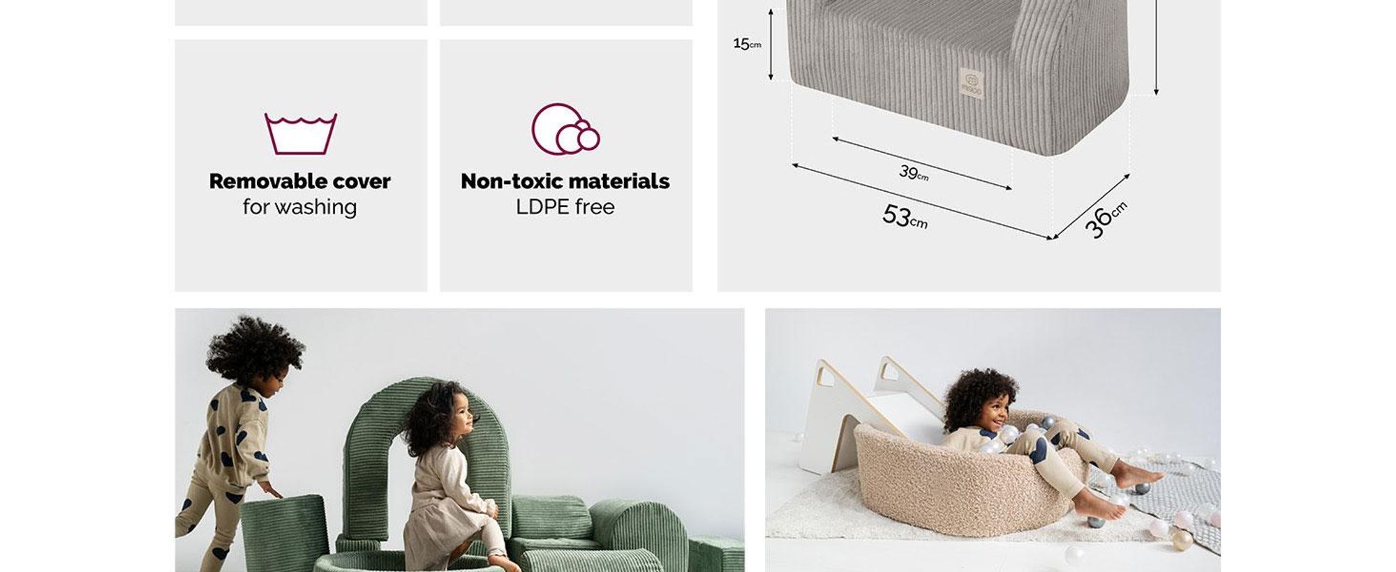 MISIOO Dětské křeslo od 1 roku - Dětské křeslo Corduroy Premium - stabilní a měkké - ergonomicky polstrované - 40x53x36 cm