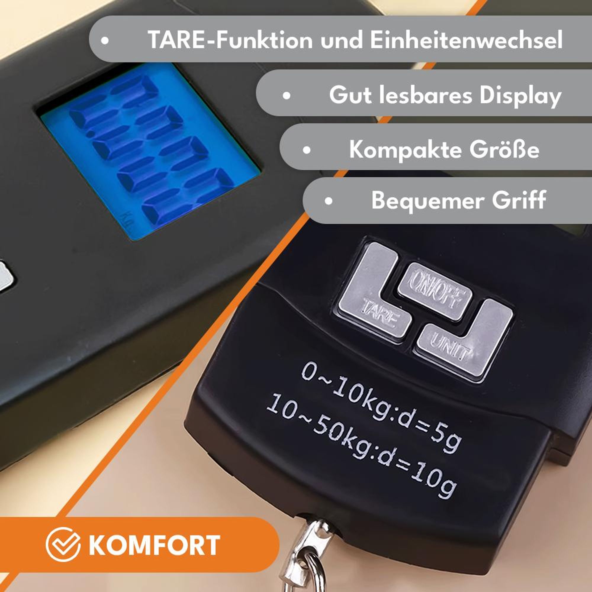 KRUMAD Digitale Kofferwaage 50 kg – tragbare Gepäckwaage mit Haken & LCD – Handwaage mit TARA für Reisen, Fluggepäck & Gepäckkontrolle