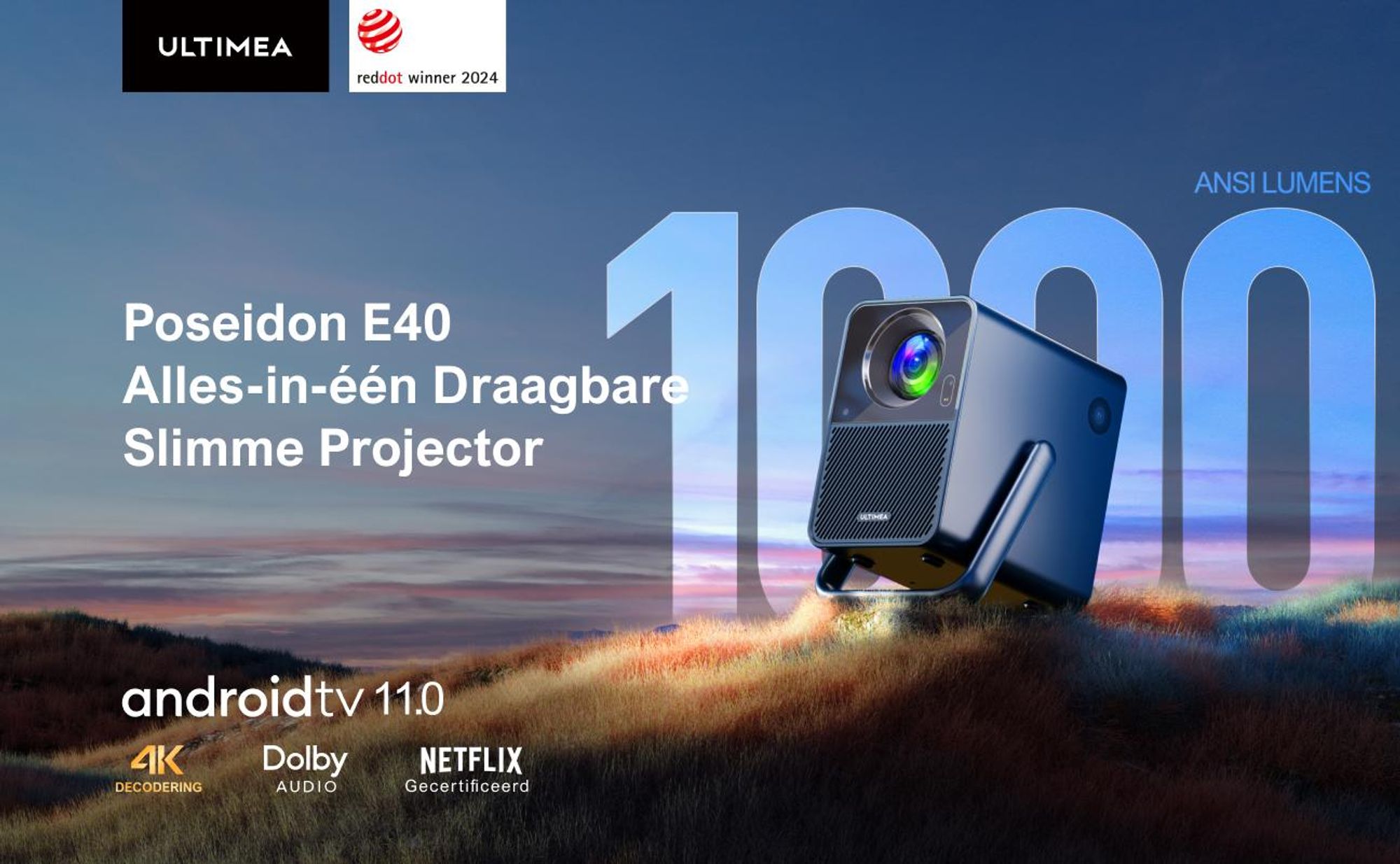 Poseidon E40 beamer, Android TV 11.0 met Netflix, Dolby Audio beamer, contrastverhouding 2000:1, resolutie 1920 x 1080 pixels, ergonomisch handvatontwerp, draagbare projector met native 1080P