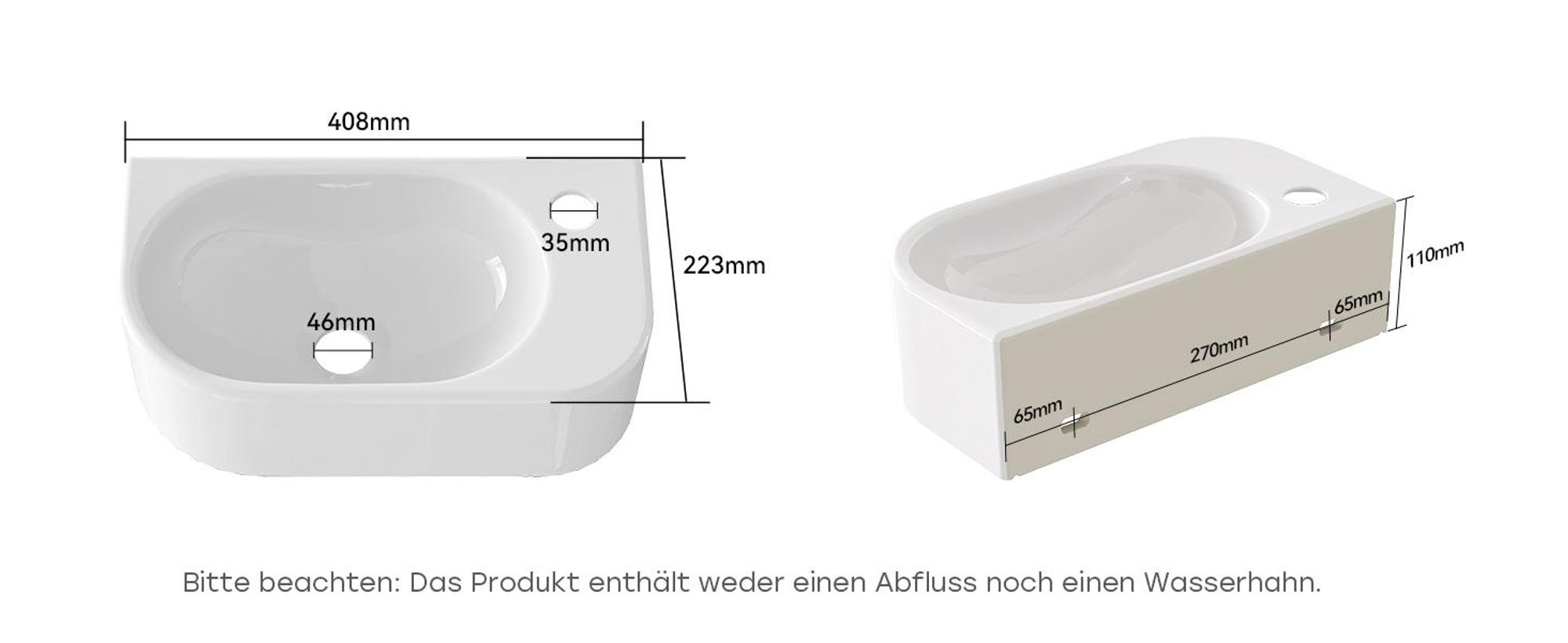 HOROW Kleine Hänge Waschbecken mini Wandmontage Handwaschbecken Aufsatzwaschbecken Waschschale 40.8 x 22.3 x 11 cm mit Hahnloch
