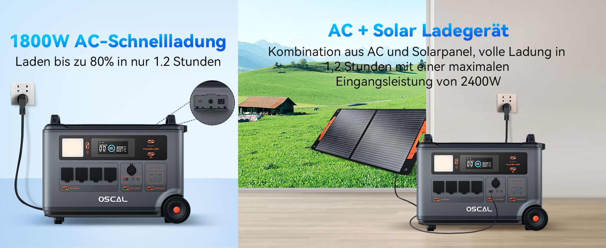 OSCAL PowerMax 6000 Tragbare Solarspeicher 3600Wh(max.7200W), LiFePO4 Powerstation für Camping Wohnmobile Notfälle, 120/240V Bidirektionale Umrichter