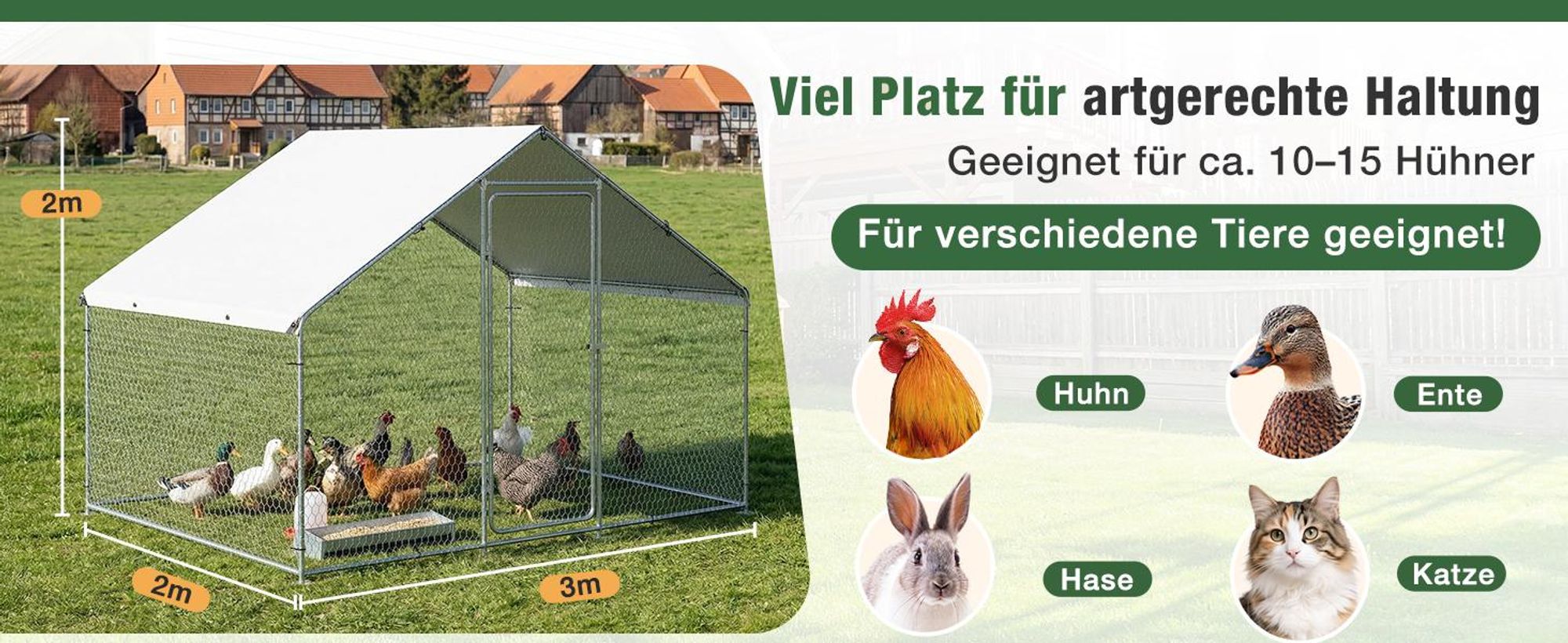Sekey Hühnerstall Winterfest für 10 Hühner XXL Freilaufgehege Kleintierstall Voliere 2x3x2m Hühnerstall für 6 Hühner Kleintiere Schloss Freigehege