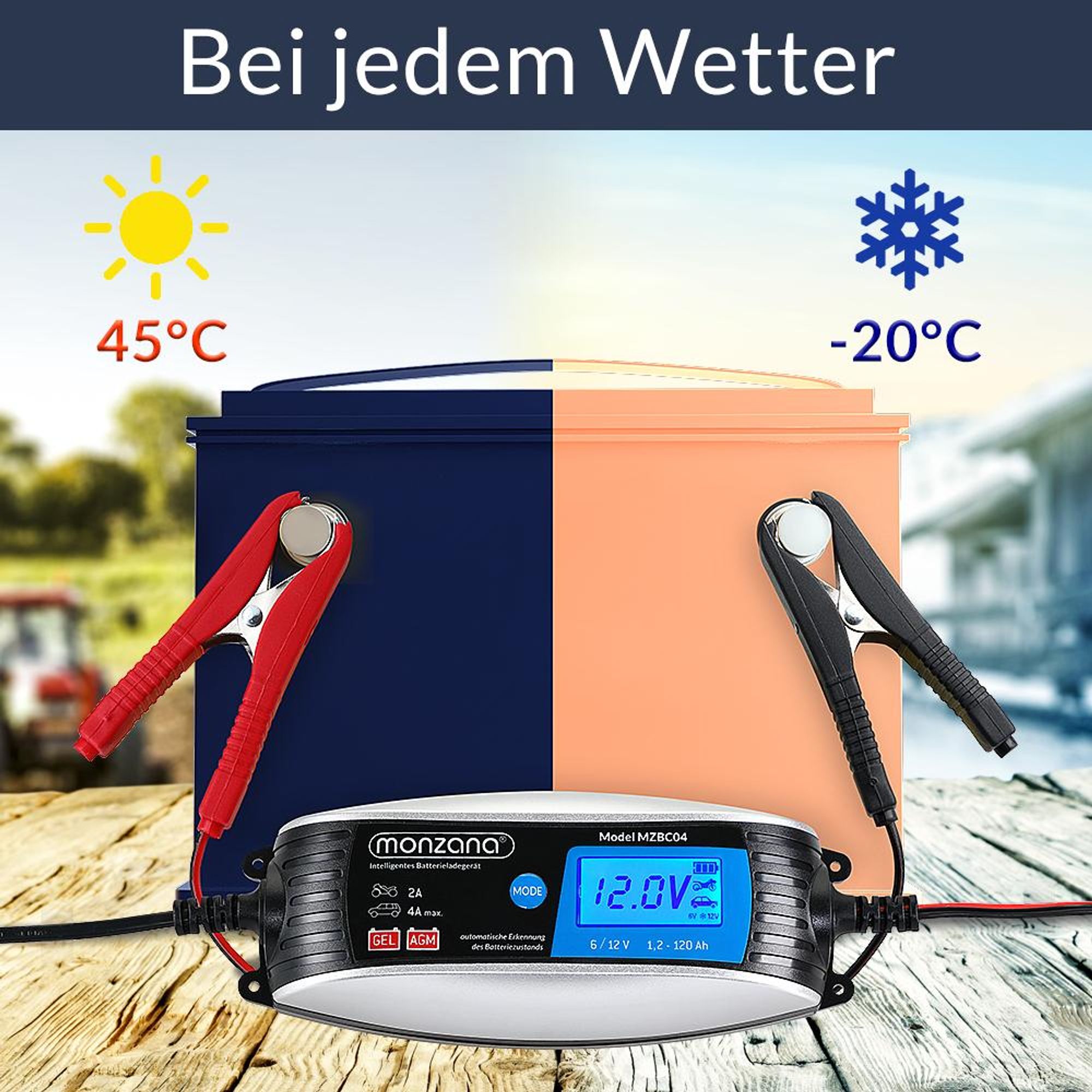 MONZANA® KFZ Batterieladegerät vollautomatisch 6V 12V LCD-Bildschirm Temperaturkompensation Erhaltungsladung intelligentes Ladegerät für Auto Motorrad