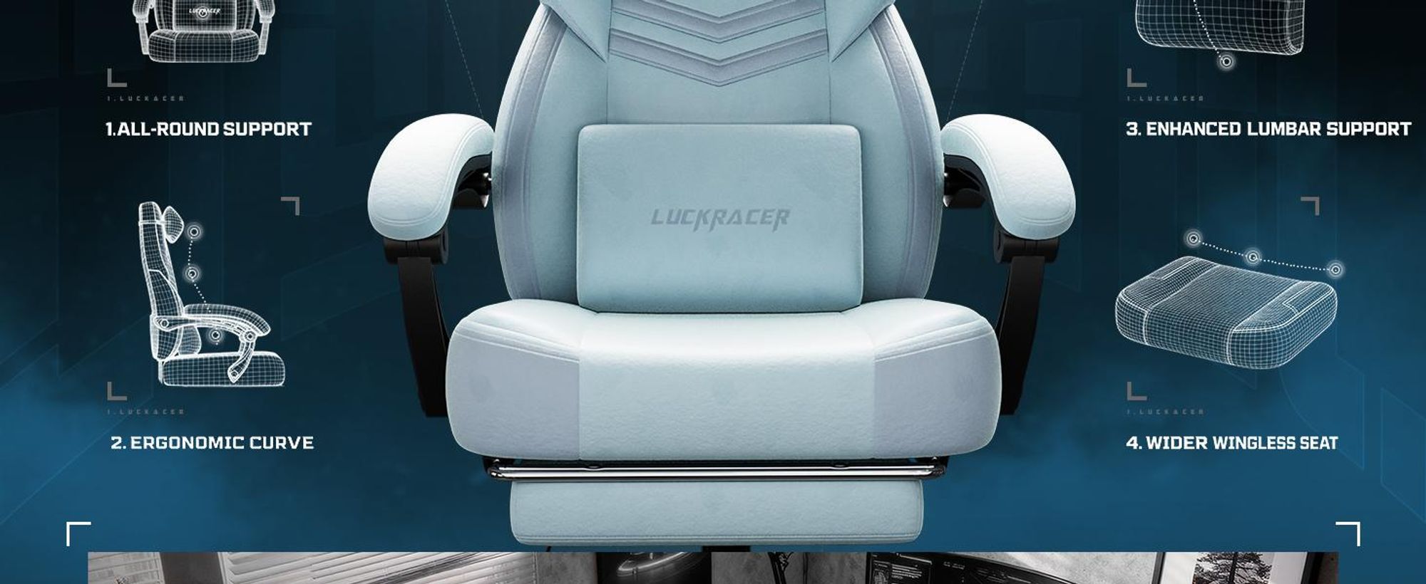 LUCKRACER Gaming stoel, bureaustoel met verbonden armleuningen, memory foam kussens, een kantelbereik van 90–155° en een voetsteun, gemaakt van duurzaam materiaal