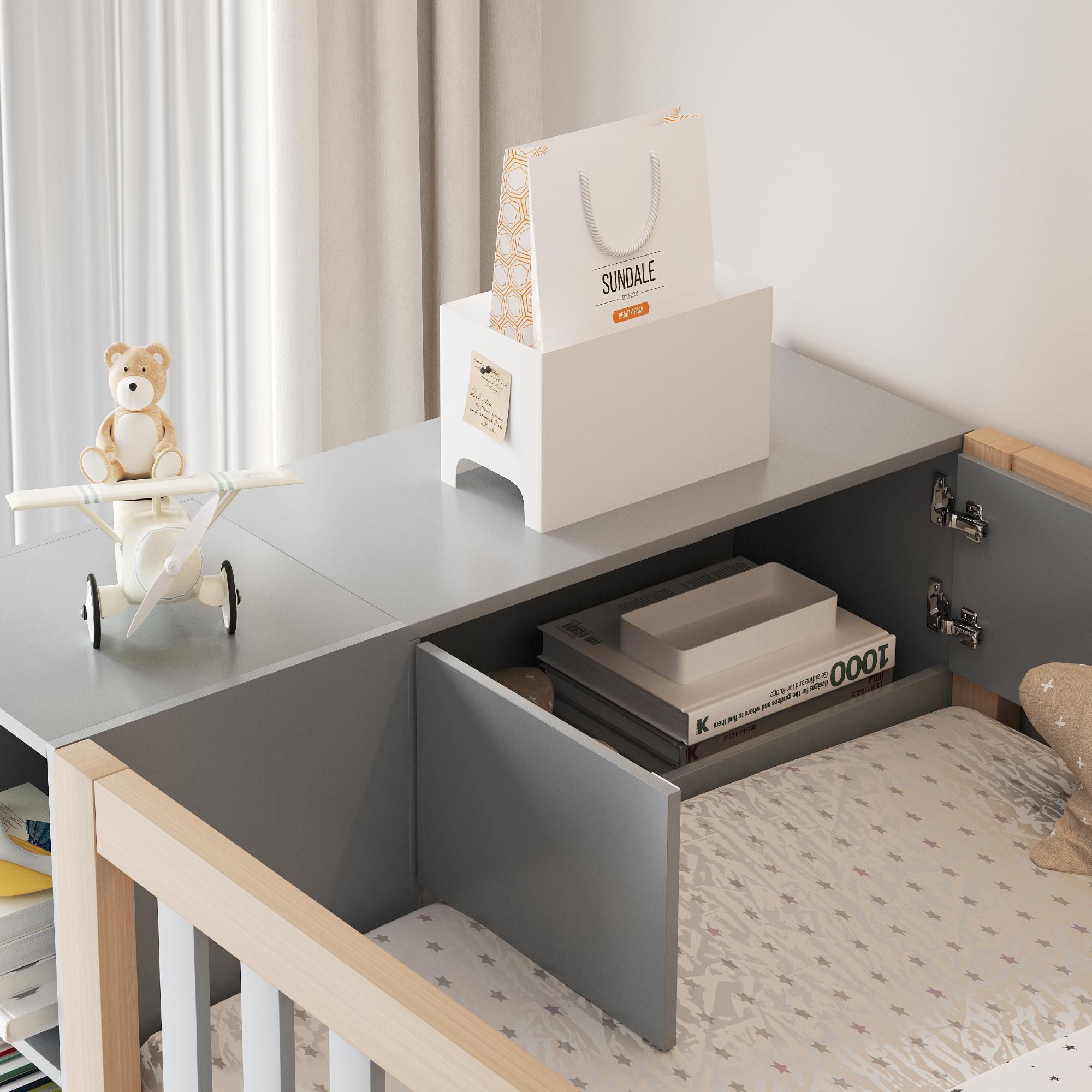 Flieks Etagenbett 90x200cm mit Kleiderschrank und Regal, Hochbett mit Treppe und Schubladen, Kinderbett mit Rausfallschutz & Lattenrost, Grau