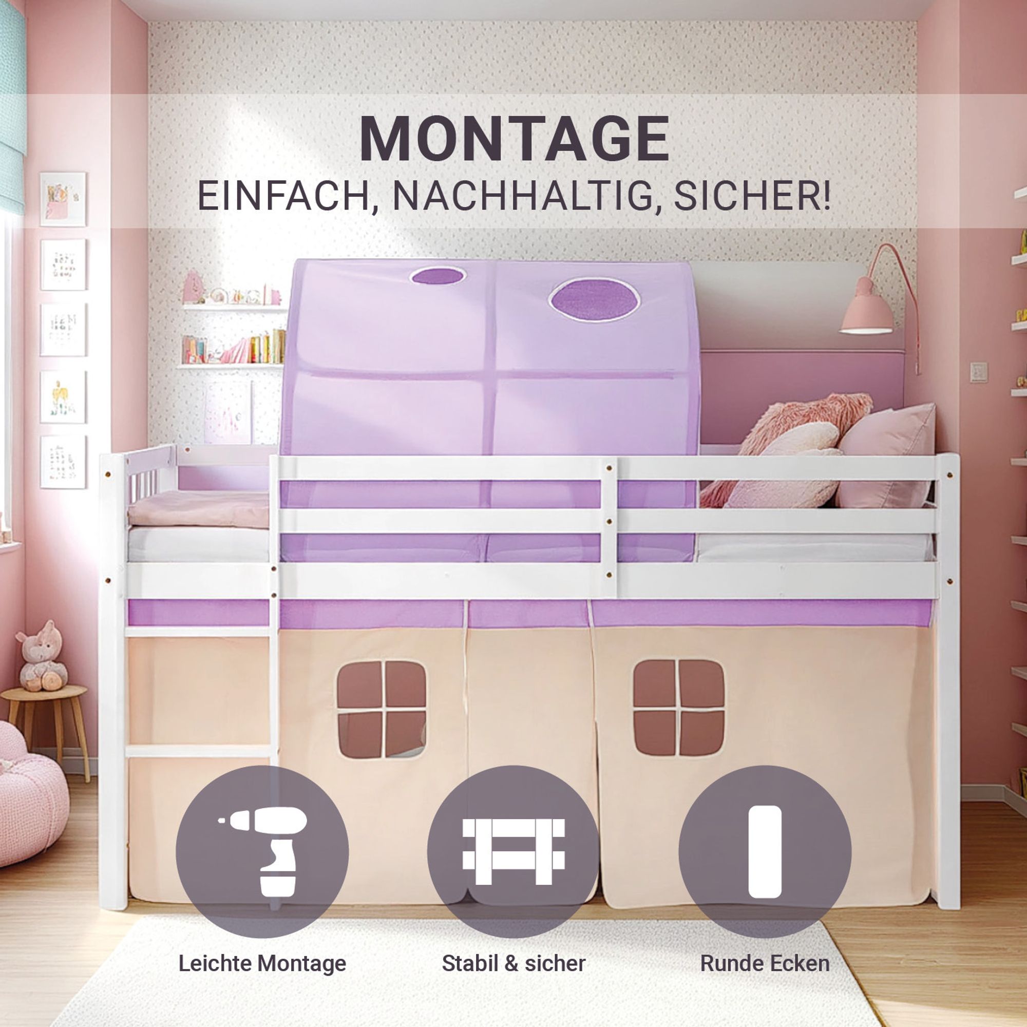 modernes Hochbett mit einfacher Montage und abgerundeten Ecken