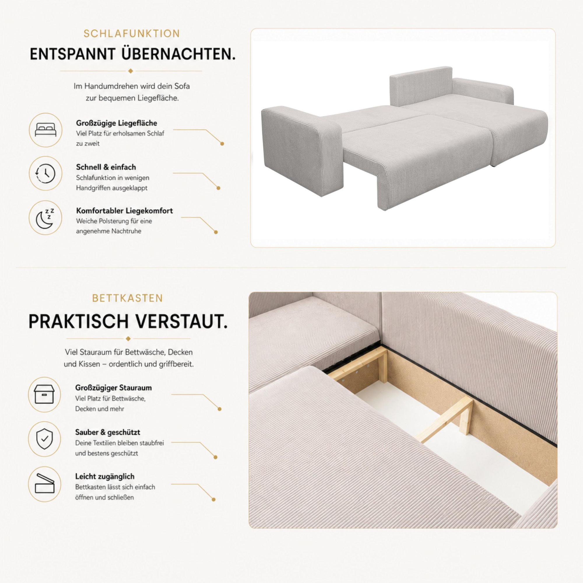 VENASI LUNA XL Ecksofa mit Schlaffunktion und Bettkasten Cord Schlafsofa Eckcouch Sofa Dunkelgrau