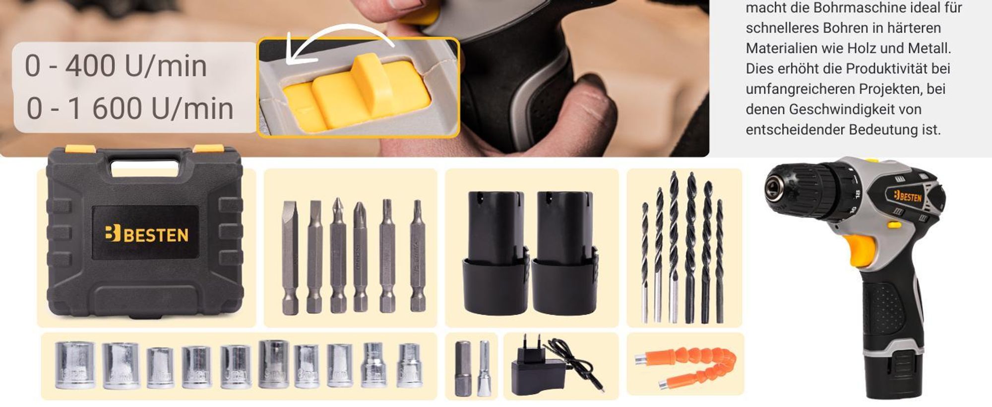 BESTEN Schraubendreher Akku-Bohrschrauber Schraubendreher-Bits Steckdosen Led 2Xaku Set XXL