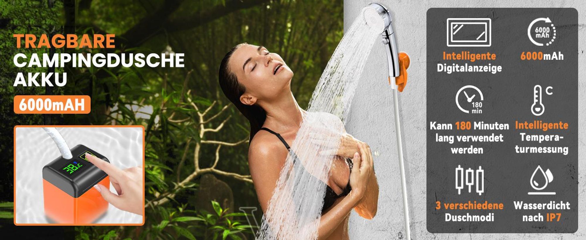 Tragbare Campingdusche, Camping Dusche Outdoor, 6000mAh Akku, mit Pumpe und Temperaturanzeige, Mobile Duschen Außenduschen mit Duschkopf und Schlauch