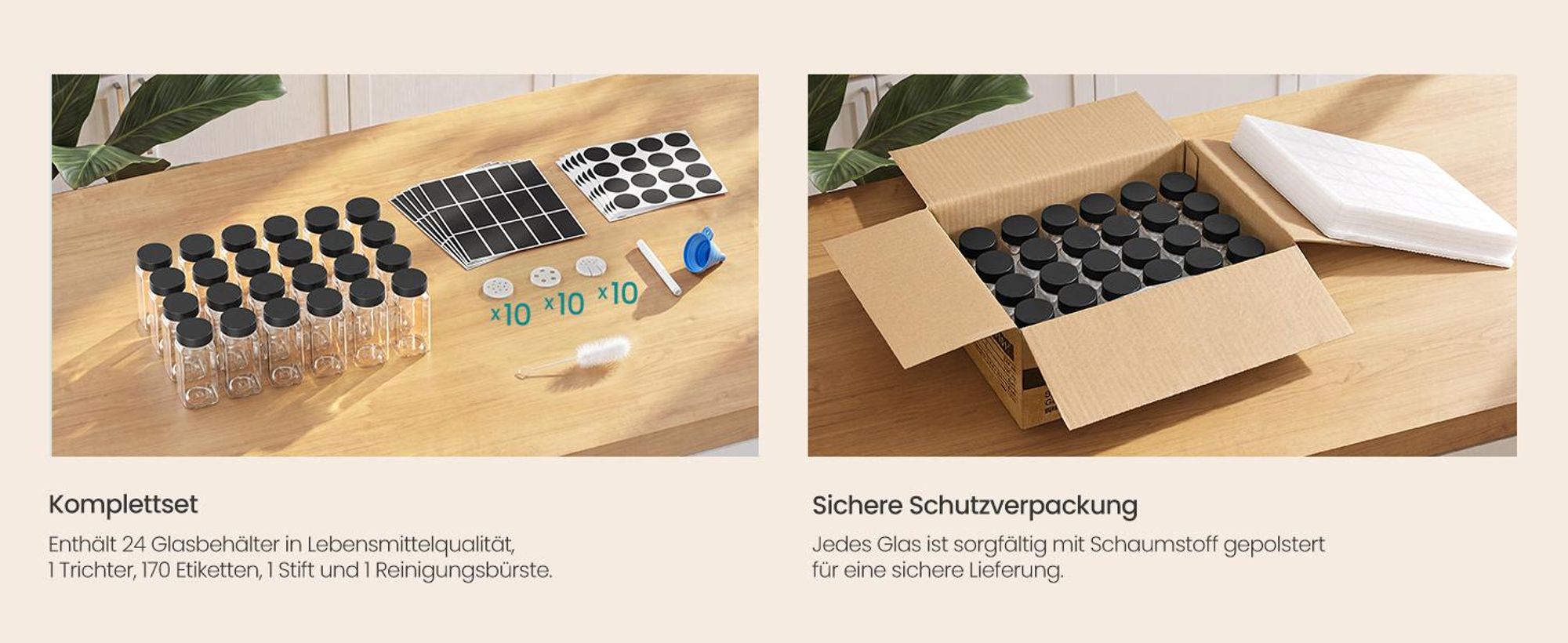 SONGMICS Gewürzgläser 24er Set, Eckige Gewürzdosen aus Glas, Luftdicht mit Etiketten, 120 ml, 4,5 x 4,5 x 10,5 cm, Schwarz