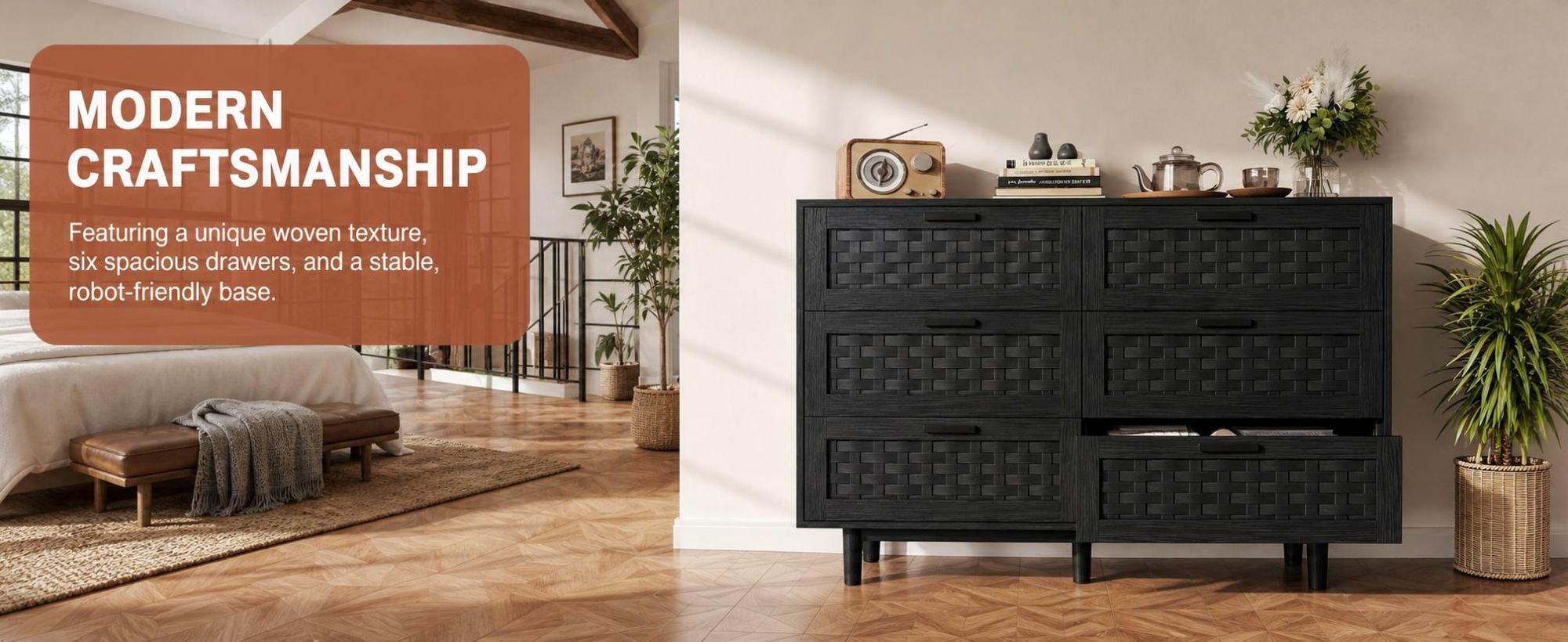 INONEFT Kommode mit Rattan-Geflecht 6 Schubladen, Sideboard, Komode, Schubladenschrank, Vorratsschrank, Schwarz H80cm B115cm T40cm