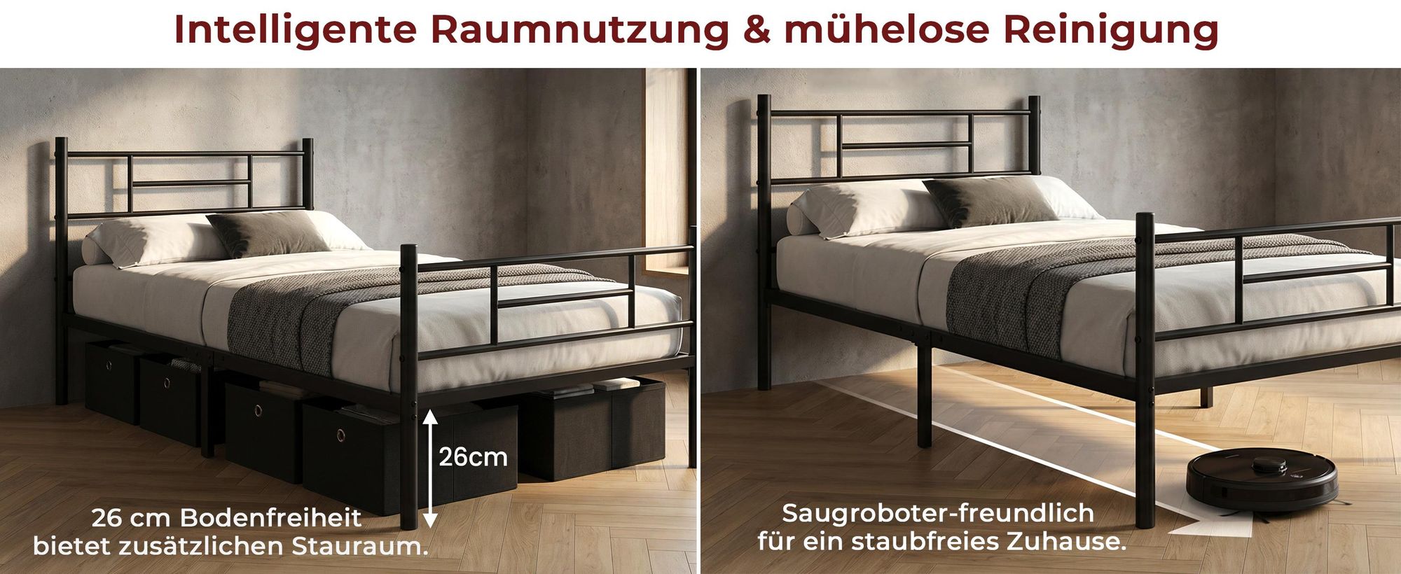 Gliese Metallbett Bettgestell 90 x 200 cm, Einzelbett Bettrahmen mit Kopfteil, Schwarz