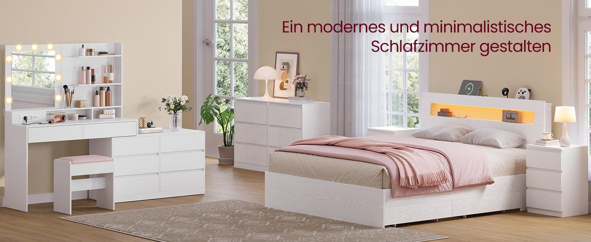 VASAGLE Schminktisch mit Kommode, gerade oder L-förmig, Frisiertisch mit Licht und Spiegel, einstellbare Lichtfarben, weiß