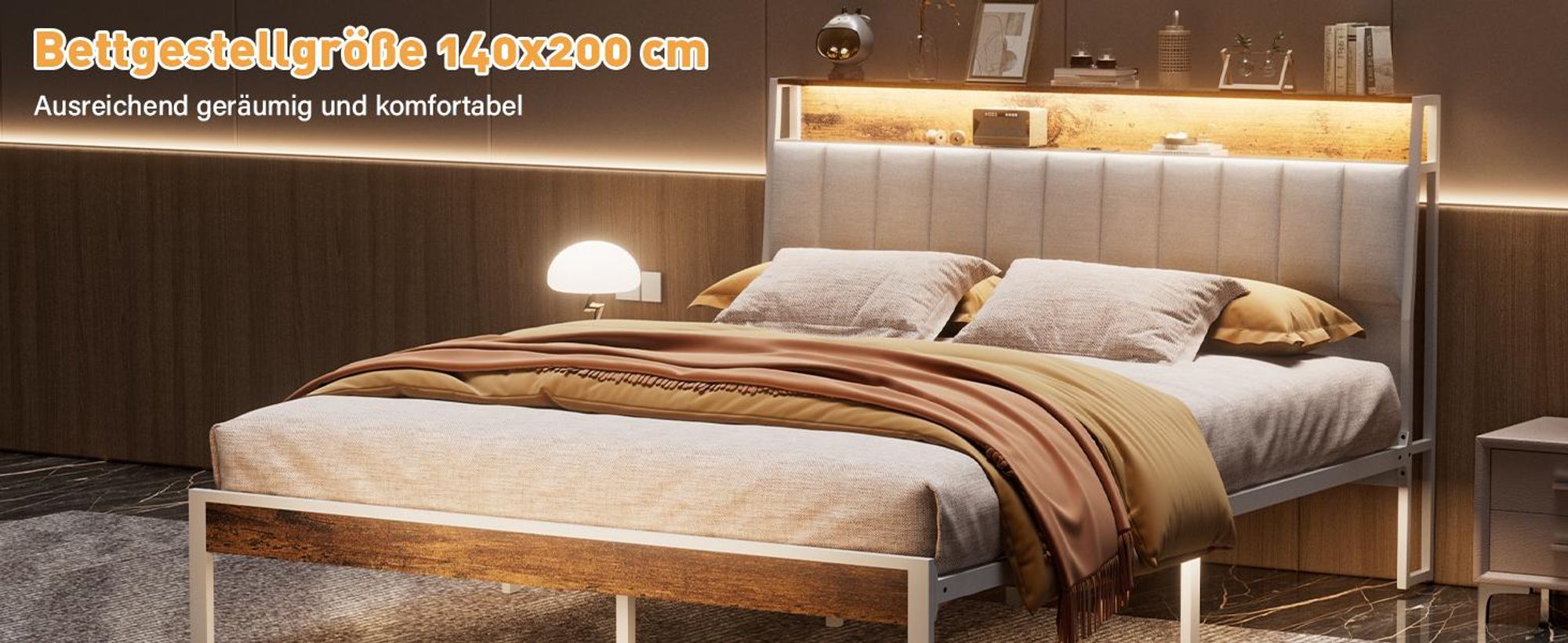 DEWINNER Bettrahmen, 140 x 200, mit Metallgestell, 2-Personen-Bett, mit LED-Beleuchtung und Mehrfachsteckdosen (1 Steckdose, 2 USB-Anschlüsse)