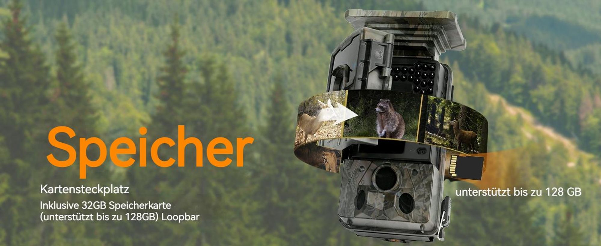 4K Wildkamera Solar 48MP Wildkamera mit Bewegungsmelder Nachtsicht 120° Winkel 2 Zoll Bildschirm Erfassungs 0,3s Auslösezeit 32GB TF-Karte Wasserdicht