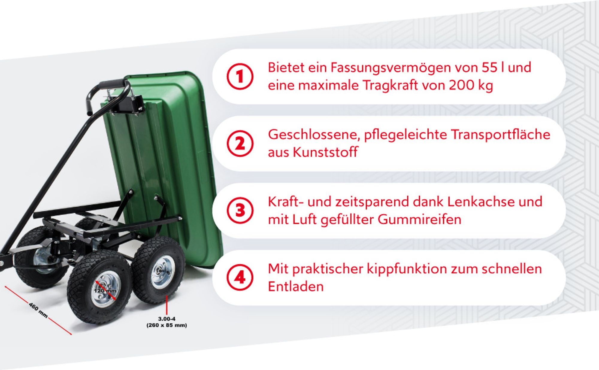 Wiltec Gartenwagen mit Kippfunktion bis 200 kg, Handwagen mit 50 l Volumen, Bollerwagen für Gartenarbeit, Handkarren für u. a. Rasen, Kies u. Schlamm