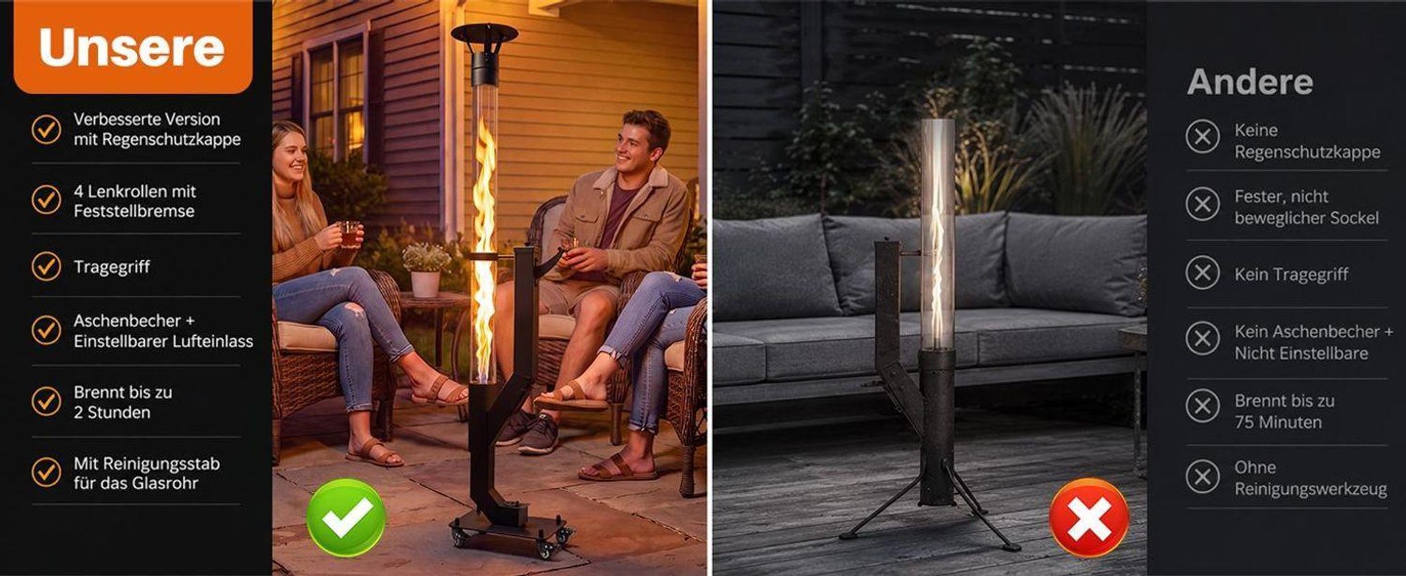 ZMH Chimenea cilíndrica para jardín, 6 kW. Estufa de exterior independiente con ruedas giratorias, base de 167 cm, llama regulable y autonomía para pellets, ideal para fiestas