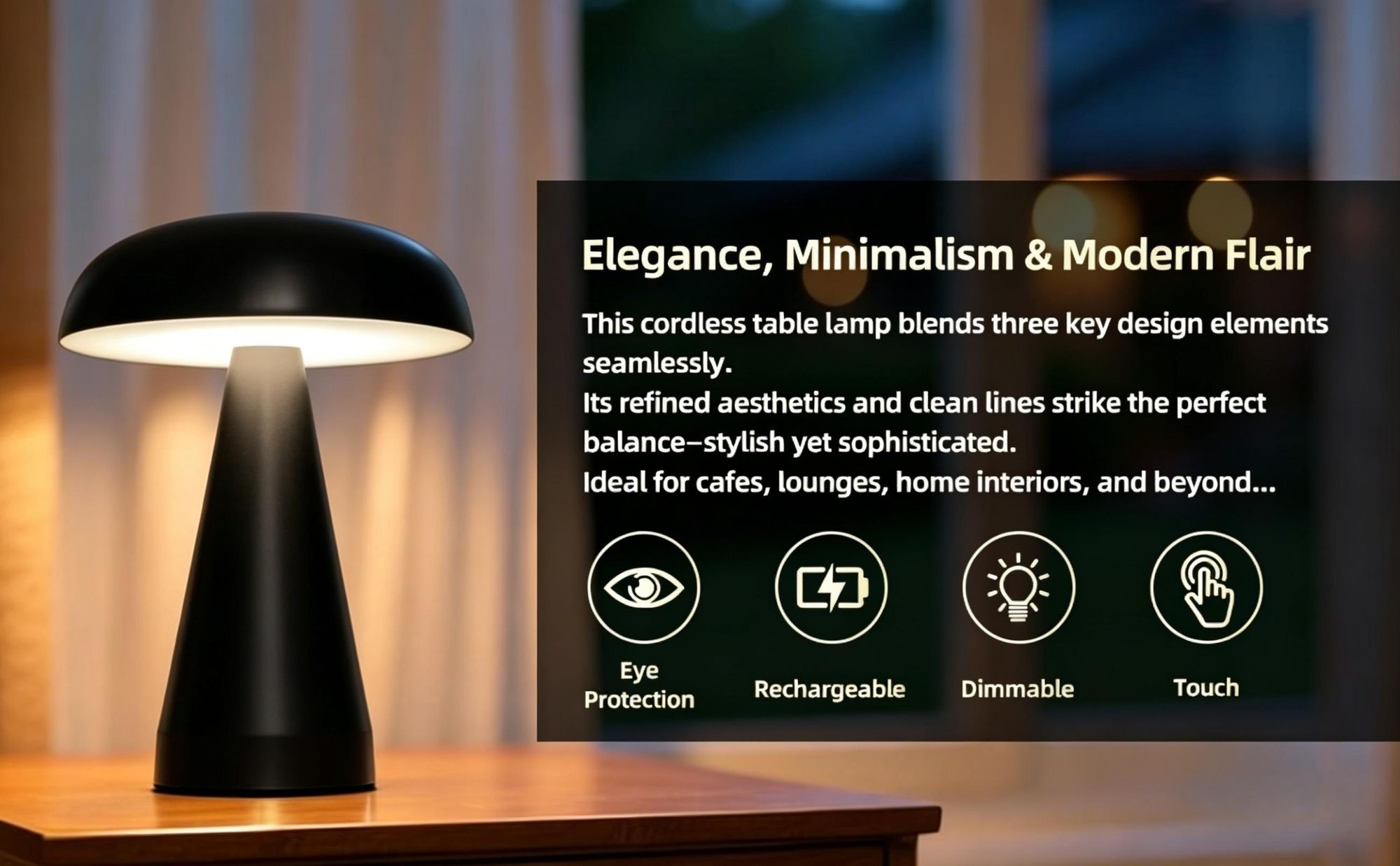 LED-Pilzlampe, tragbare Metall-Schreibtischlampe,USB-Aufladung Nachttischlampe, dreifarbiges Touch-Kabellos Dimmen, Augenschutz-Nachtlicht, Schwarz
