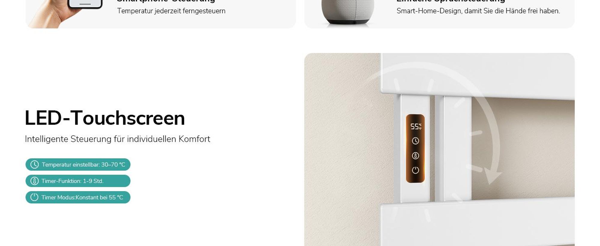 EMKE Elektrischer Handtuchheizkörper, WiFi APP Steuerung LED Touchscreen mit Timer, Handtuchtrockner 100x50cm 320W Weiß