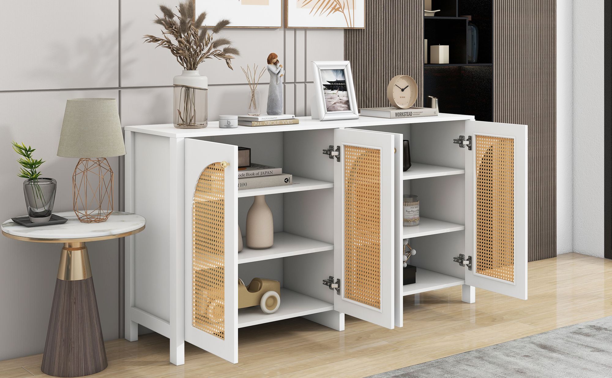 Merax Sideboard mit verstellbaren Einlegböden, Kommode mit Rattantüren, Anrichte für Wohnzimmer, 145x80x40cm, Weiß