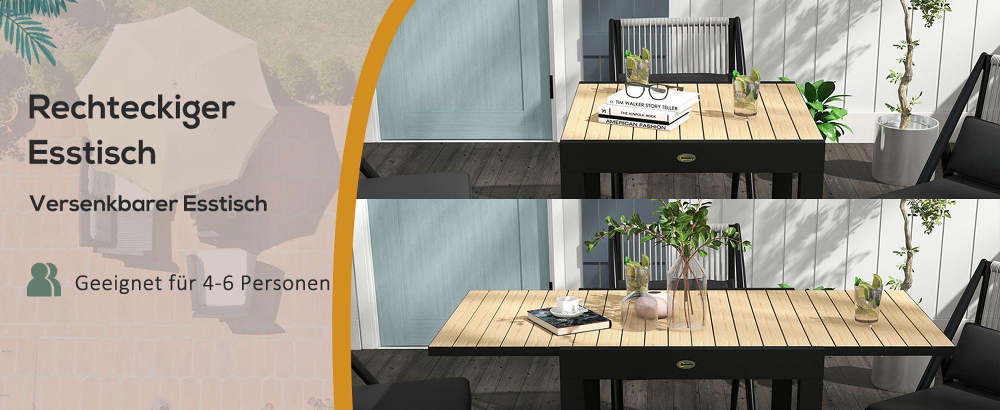 Outsunny Gartentisch Esstisch für 6 Personen Erweiterbarer Terrassentisch Gelb