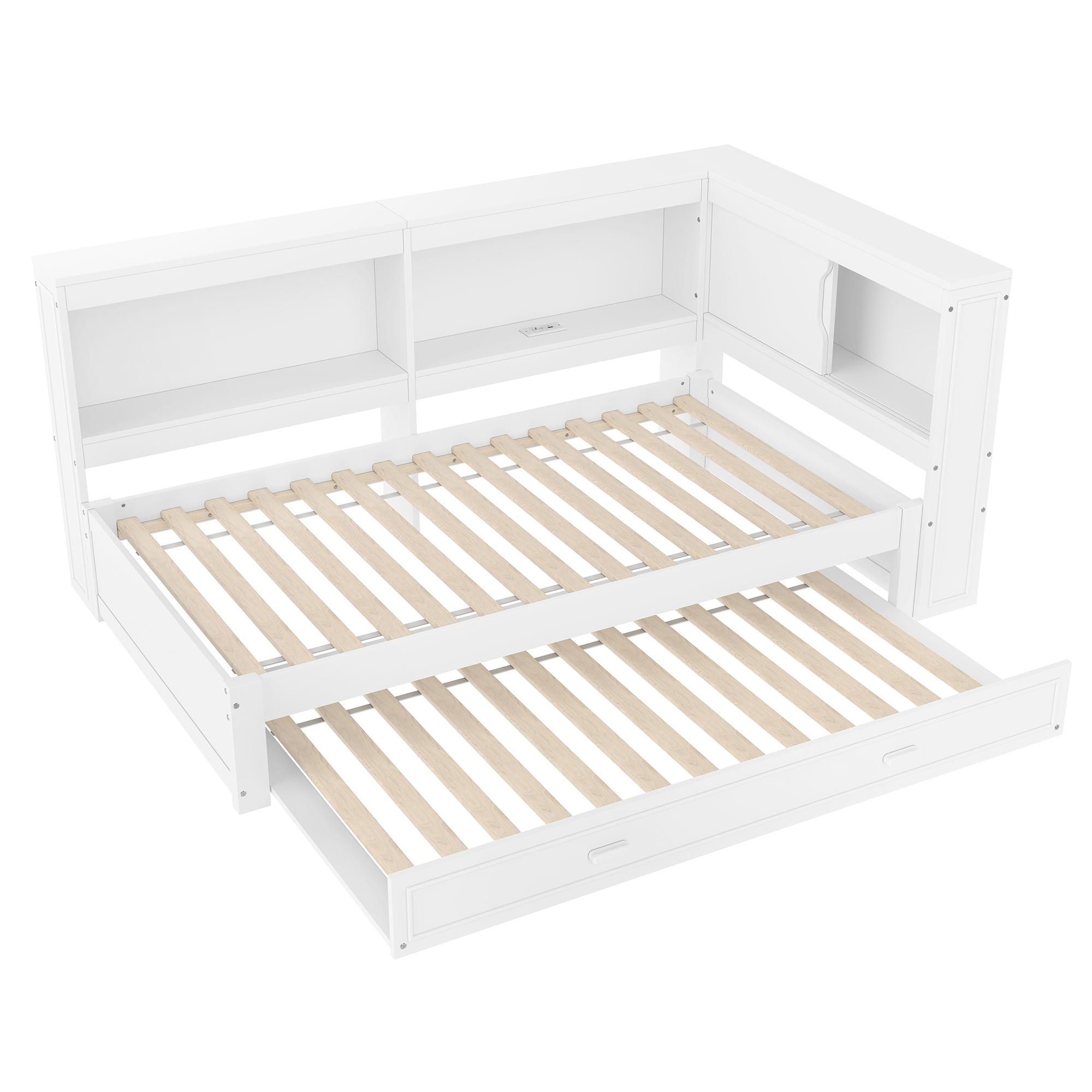 Flieks Schalfsofa Holzbett 90x200cm mit Ausziehbett, Tagesbett Einzelbett mit Led und Ladefunktion, Jugendbett mit Staufach, Weiß