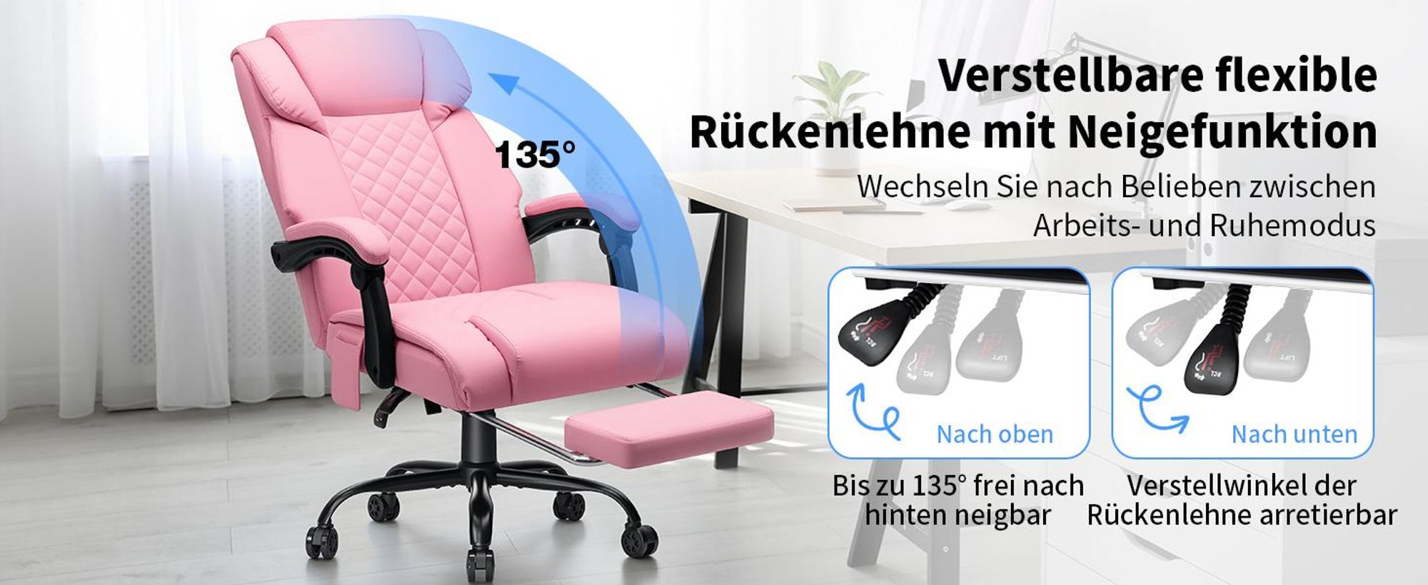HOFFREE Massage-Bürostuhl mit Wärme & 7 Vibrationspunkten, 180° neigbar, Fußstütze, 200 kg Tragkraft, Chefsessel für große Personen, Pink