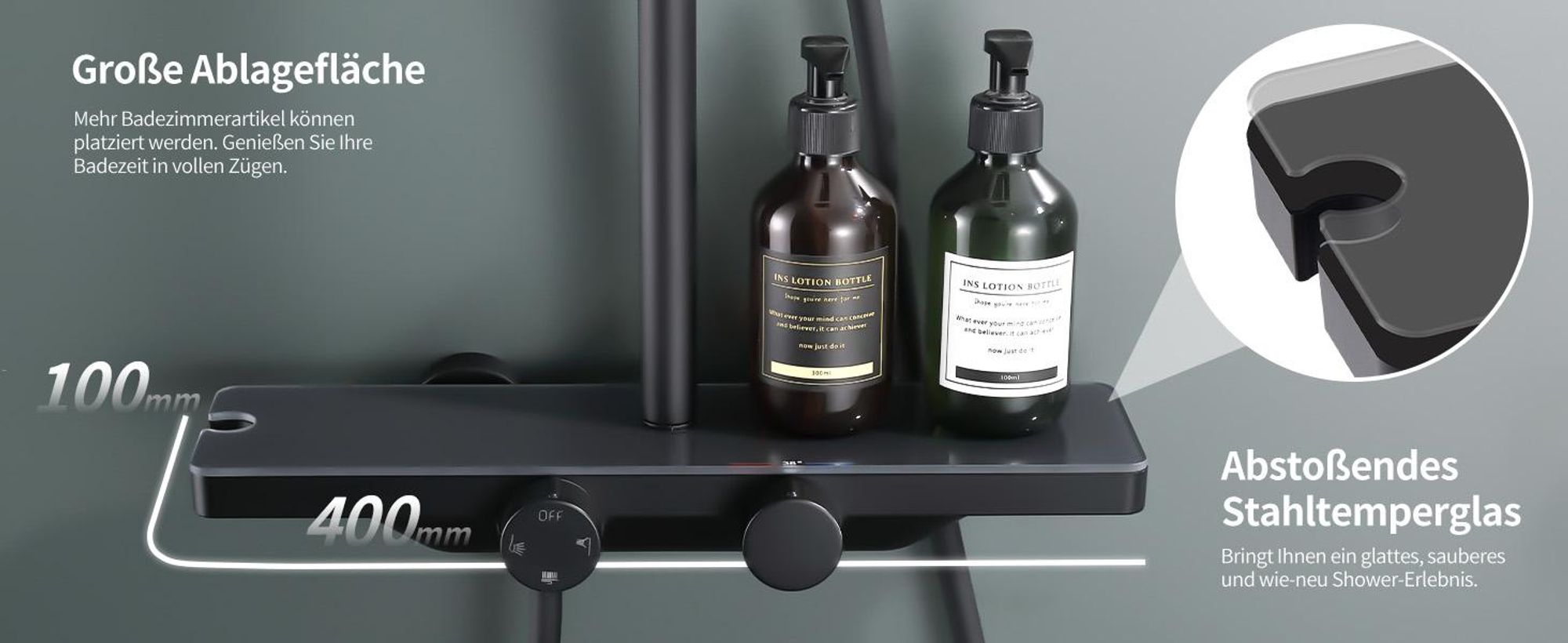 Duschsystem mit Thermostat und Glasablage in Schwarz Matt,Brausegarnitur 3 Strahlart(en), 12 Zoll Regendusche, 3-Funktions-Handbrause