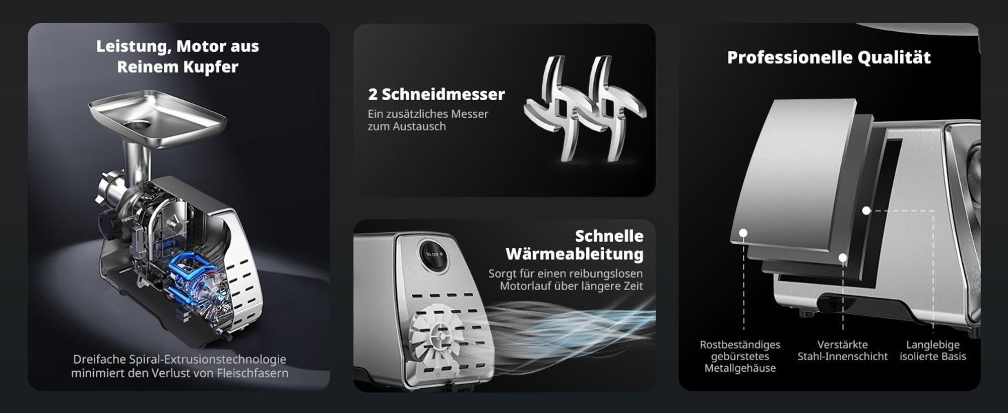 AIRMSEN 2500W Elektrischer Fleischwolf, 3in1 Multi Küchenmaschine,Super-intelligenter Wärmeschutz,Wurstmaschine mit 3 Lochscheiben, 4 Kegel-Klingen