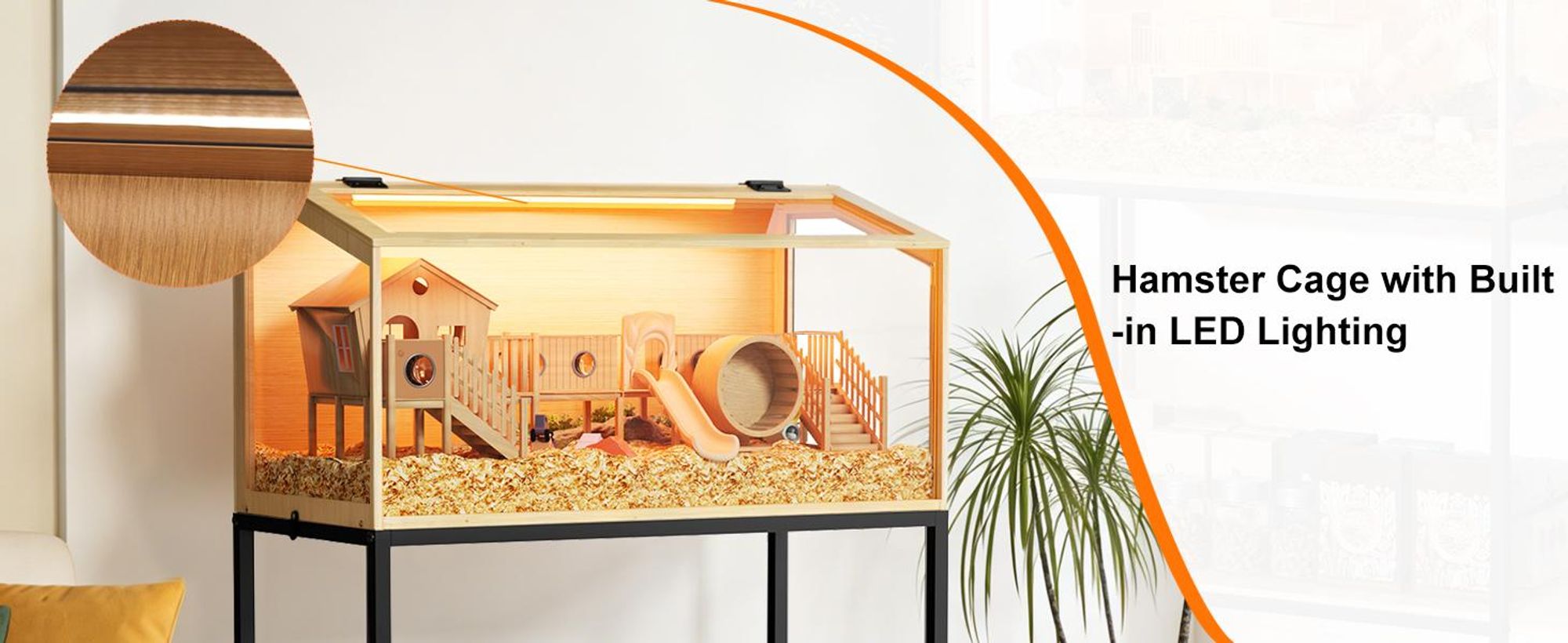 WISFOR Hamsterkäfig mit Regal und LED Leuchte, Kleintierhaus aus Holz, Mäusekäfig mit klappbarem Deckel, Sichtfenster, 80x39.6x116cm