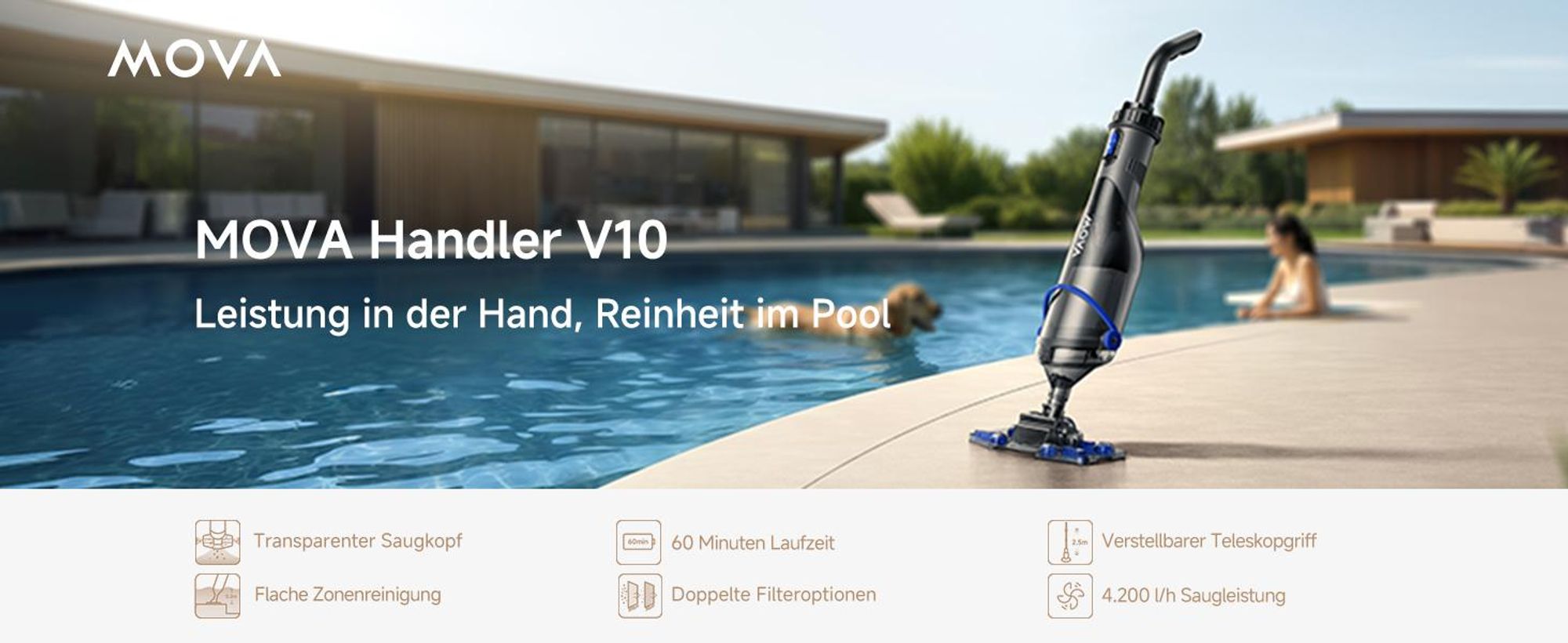 MOVA Handler V10 Kabelloser Poolsauger, 4.200 L/h Saugleistung, 60 Min Laufzeit, Transparenter Saugkopf, 1,8 m Teleskopgriff