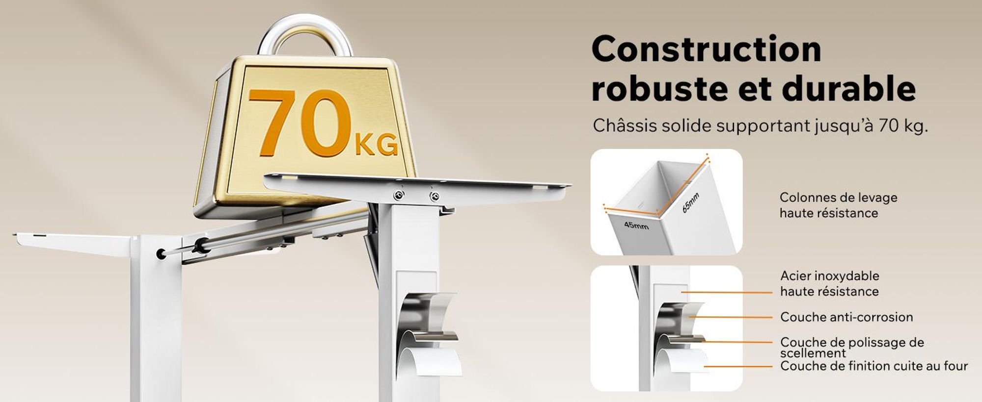 SENSE7 NOJO Light : piètement de bureau électrique réglable en hauteur | 72-118 cm, fonction mémoire, support pour casque, charge max. 70 kg, piètement en acier