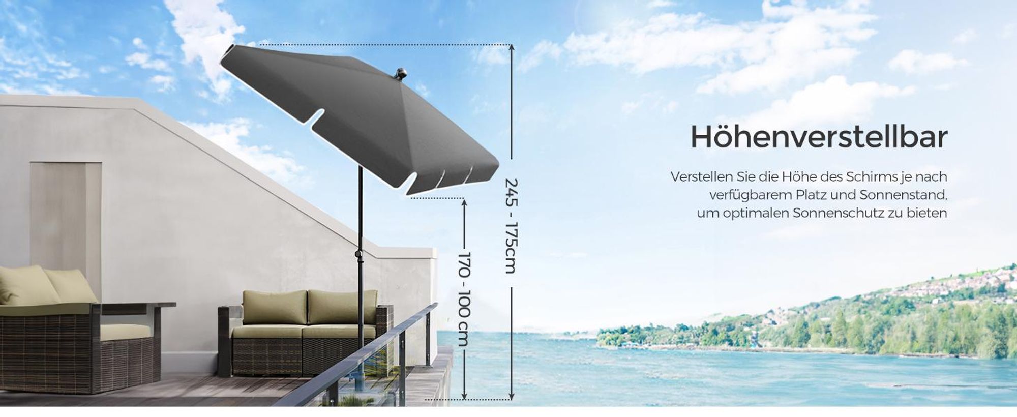 SONGMICS Sonnenschirm 230 x 150 cm UPF 50+ Sonnenschutz