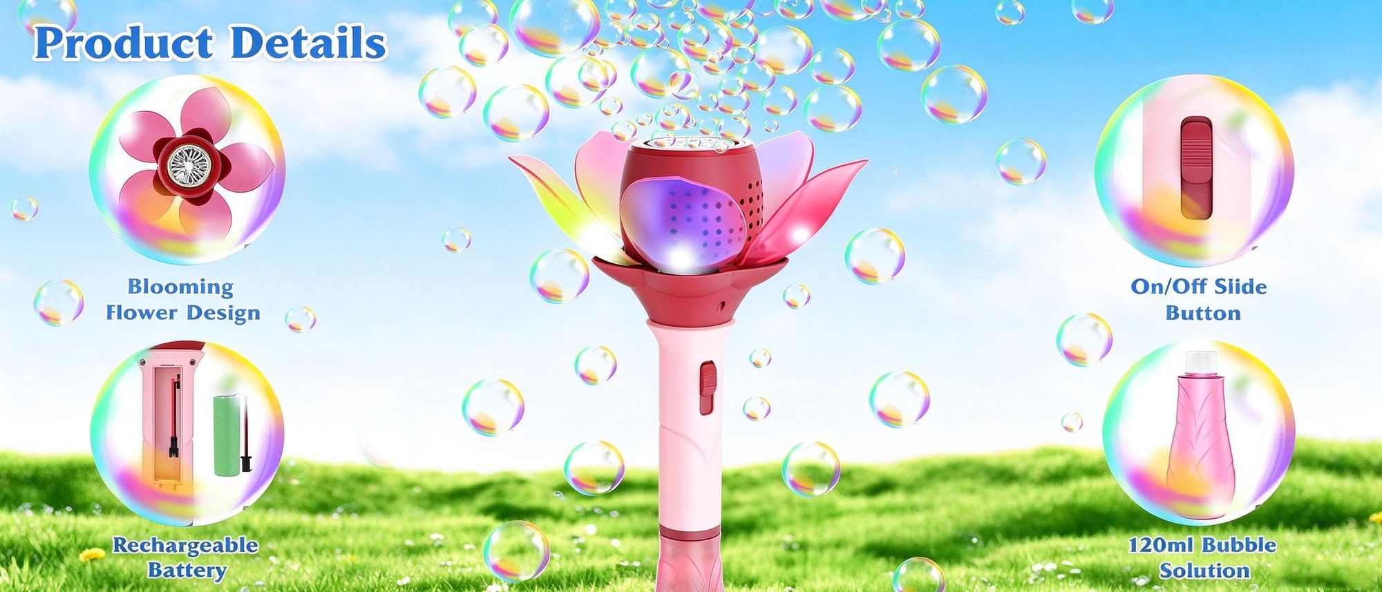 Juksun Seifenblasen Lotusblume pink 10x33cm 120ml Seifenblasenmaschine elektrisch Seifenblasenstab Licht für Kinder Party und Garten