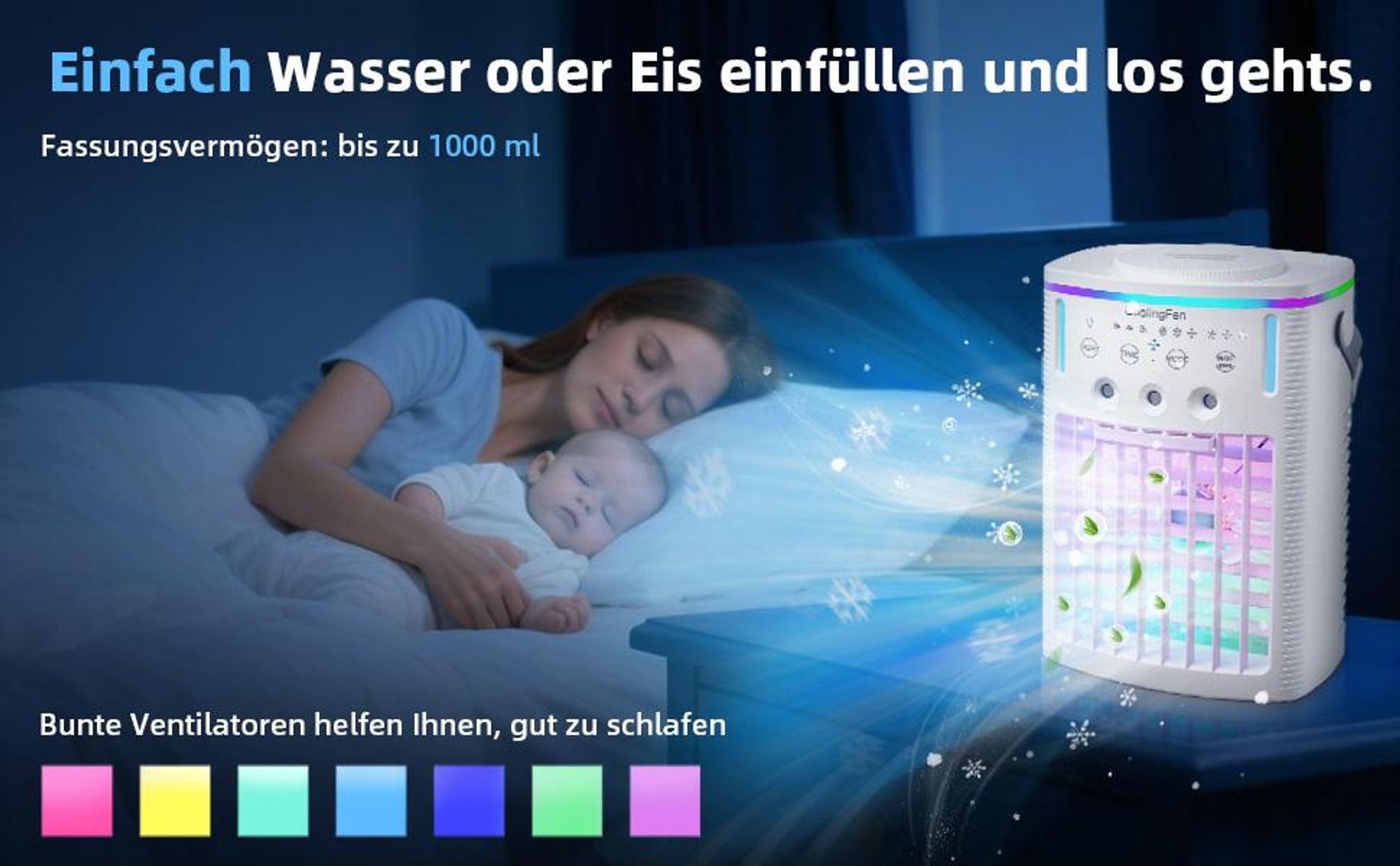Standventilatoren, Luftkühler mit Wasserkühlung, Ventilator, Nebelventilator mit 1000ml Wassetank, 3Einstellstufen, 7 Farben Nachtlicht