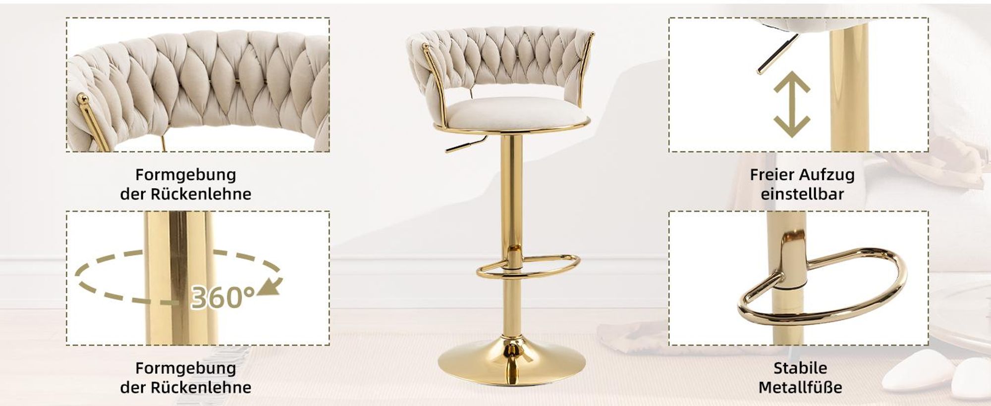 LVHOM 2er Set Barhocker Barstuhl mit Rückenlehne, Tresenhocker Samtbezug höhenverstellbar Hocker 360° drehbar, Goldene Metallsockel, Schwarz