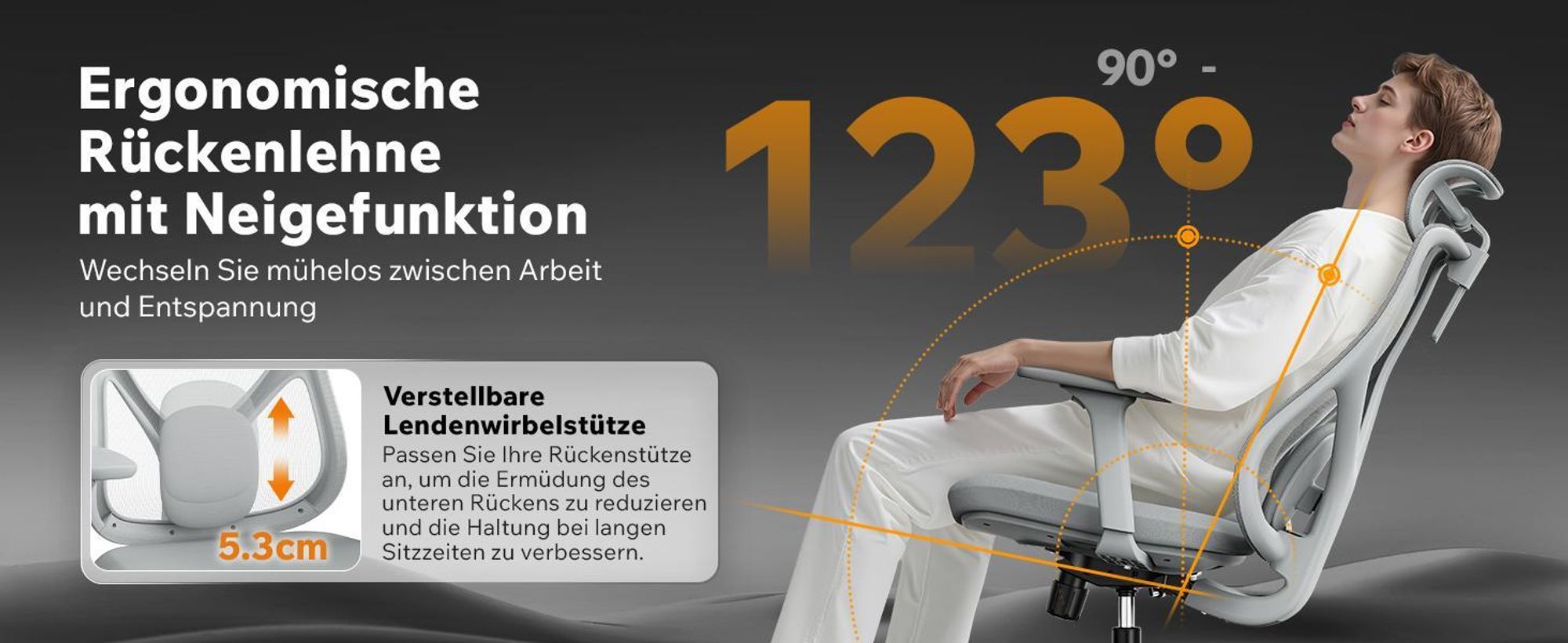 SENSE7 Moyo Ergonomischer Bürostuhl Schreibtischstuhl Grau 3D-Armlehnen Netzrücken Lendenwirbelstütze Chefsessel Homeoffice PC Stuhl 150 kg