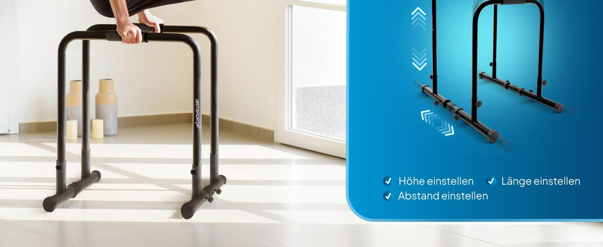 ArtSport Dip Barren - Dip Station bis 500 kg - Liegestützgriffe - verstellbar - Schwarz