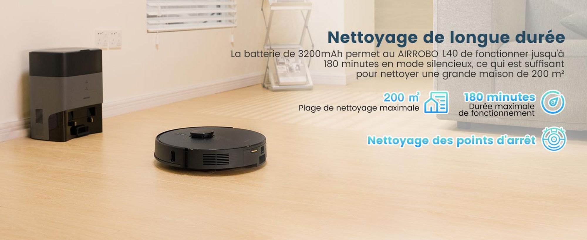 AIRROBO L40+ Robot aspirateur et balayeur avec station d'aspiration, auto-vidangeable, capacité de 60 jours, cartographie à domicile, WLAN/App/Alexa/télécommande