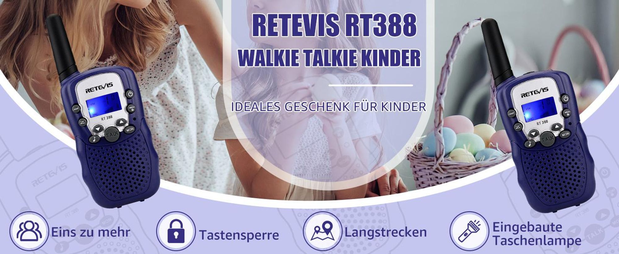 Retevis RT388 Walkie Talkie, Spielzeug ab 4-12 Jahre, Funkgeräte mit 3km Große Reichweite , Geschenke zum Schulanfang für Kinder