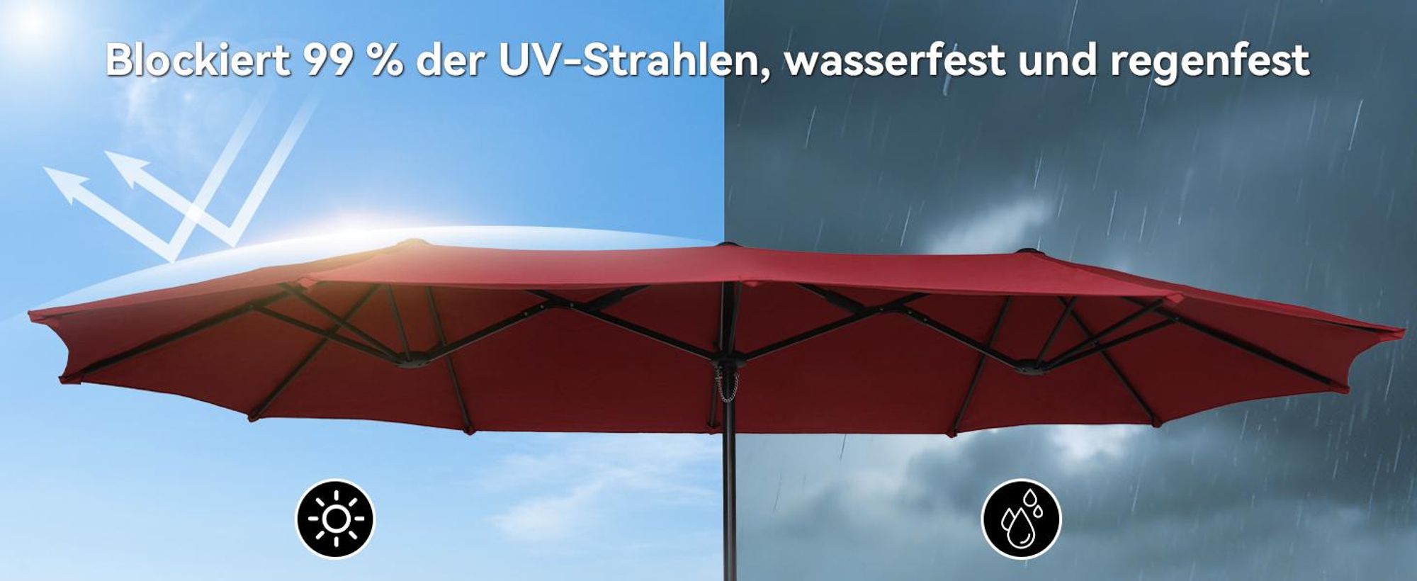 Puluomis Sonnenschirm 400 x 200 x238cm UPF 50+ mit Kurbel ohne Ständer Balkonschirm Strandschirm Marktschirm Gartenschirm Rot