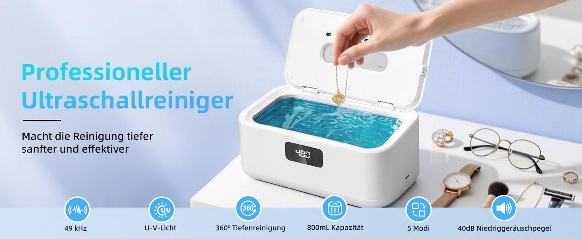 Ultraschallreinigungsgerät, Ultraschallreiniger, 49000Hz Hochfrequenz Ultraschallgerät, 800ml Brillenreinigungsgerät, Ultrasonic Cleaner