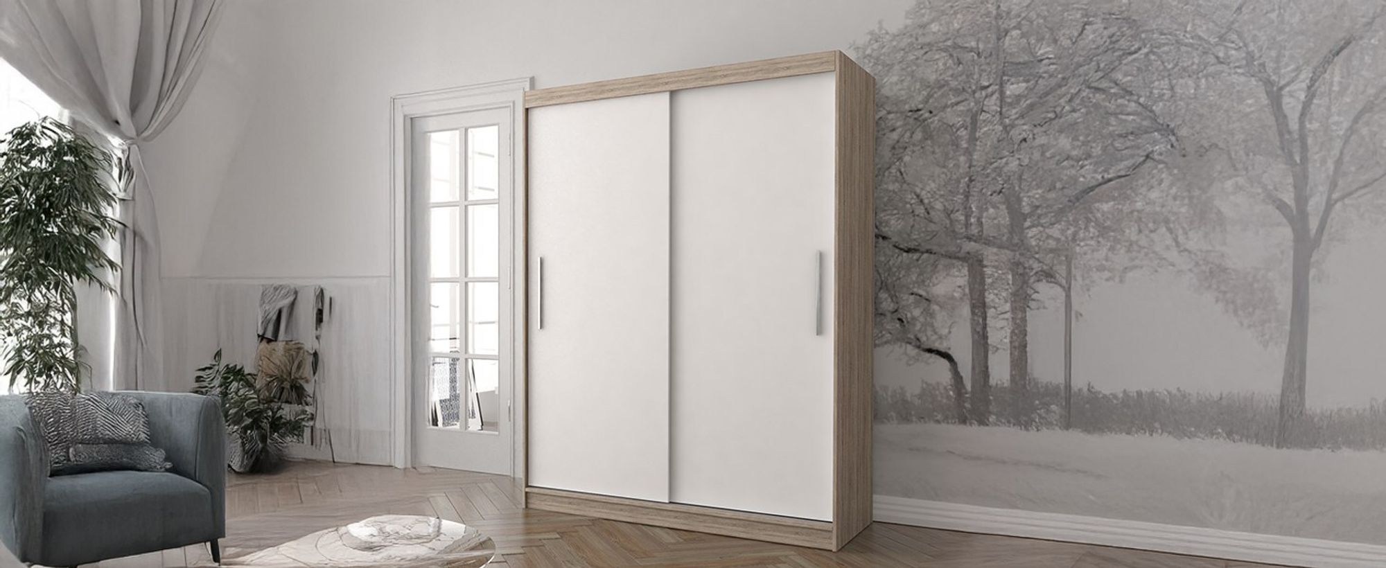 Schwebetürenschrank Kleiderschrank Schrank Garderobe Vista 04 (Sonoma/Weiß) 150cm