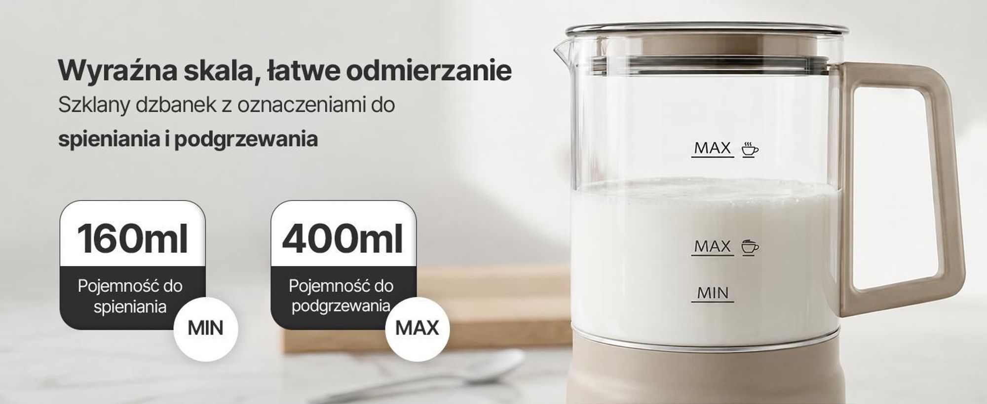 Olvy Electric Milk Frother ze Szkła 4 w 1, 500 W, Wyświetlacz Temperatury, Spienia 160 ml, Podgrzewa 400 ml, Ciepła i Zimna Pianka, Beżowy
