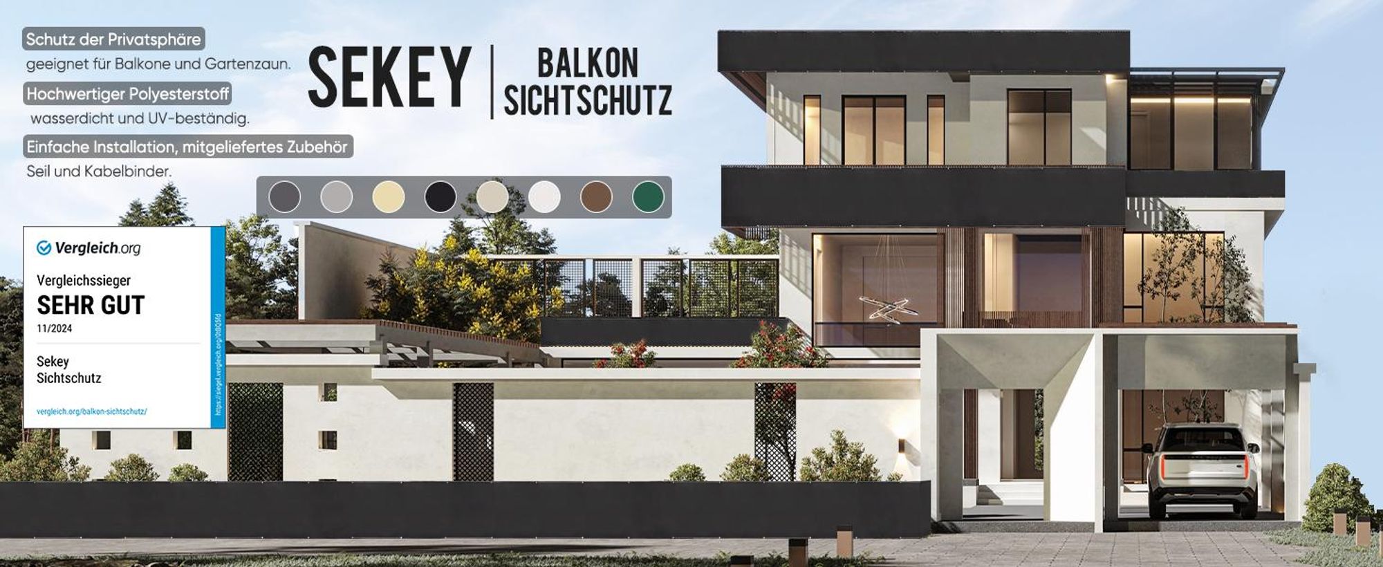 Sekey Balkon Sichtschutz PES Blickdichte Wetterfest Windschutz Schwarz, 75x300 cm